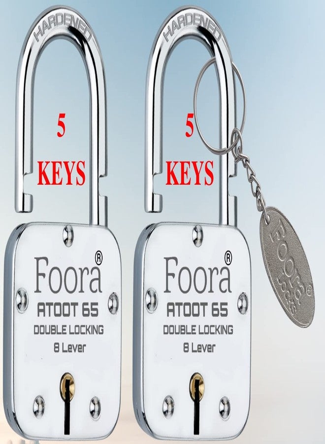 Foora New Atoot 65mm Lock | Metal Body | Double Locking | Hardened Shackle | 8 Steel Lever | 5 Silver Keys with Keychain | Silver Finsih | Pack of 2 | Made in India | Export in USA | Canada - Image 1